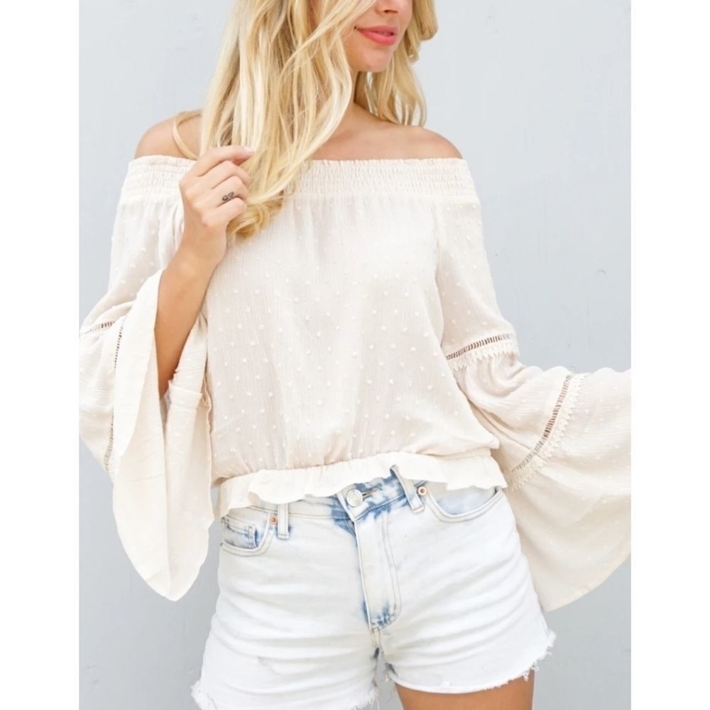 Ivory Tier Bell Sleeved Off Shoulder Blouse large - Picture 2 of 5